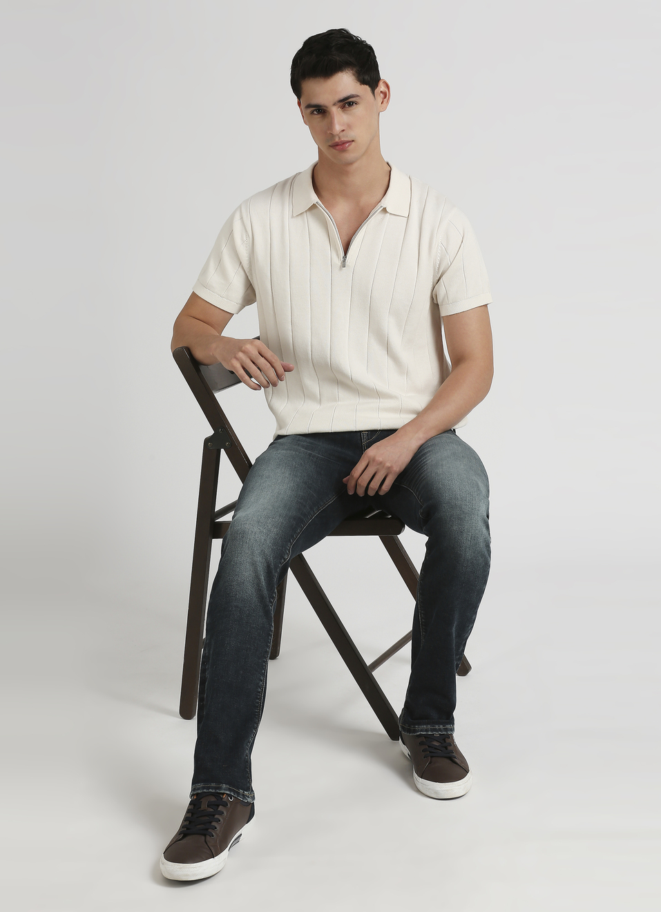 Off White Self Structured Striper Short Sleeve Polo , , large image number 5