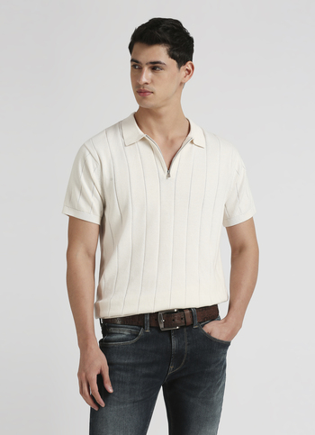 Off White Self Structured Striper Short Sleeve Polo 