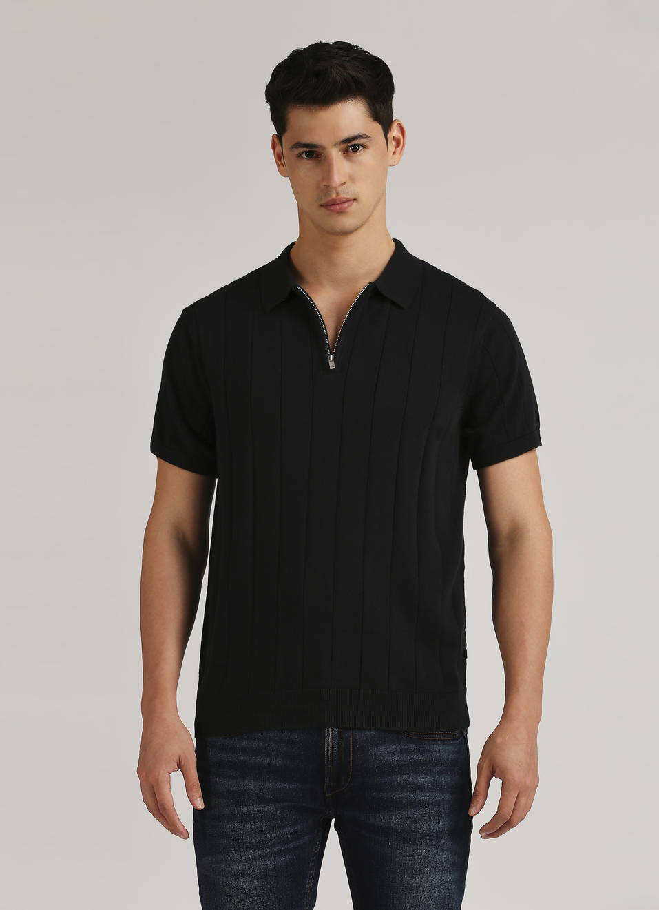 Black Self Structured Striper Flat Knit Polo, , large image number 1