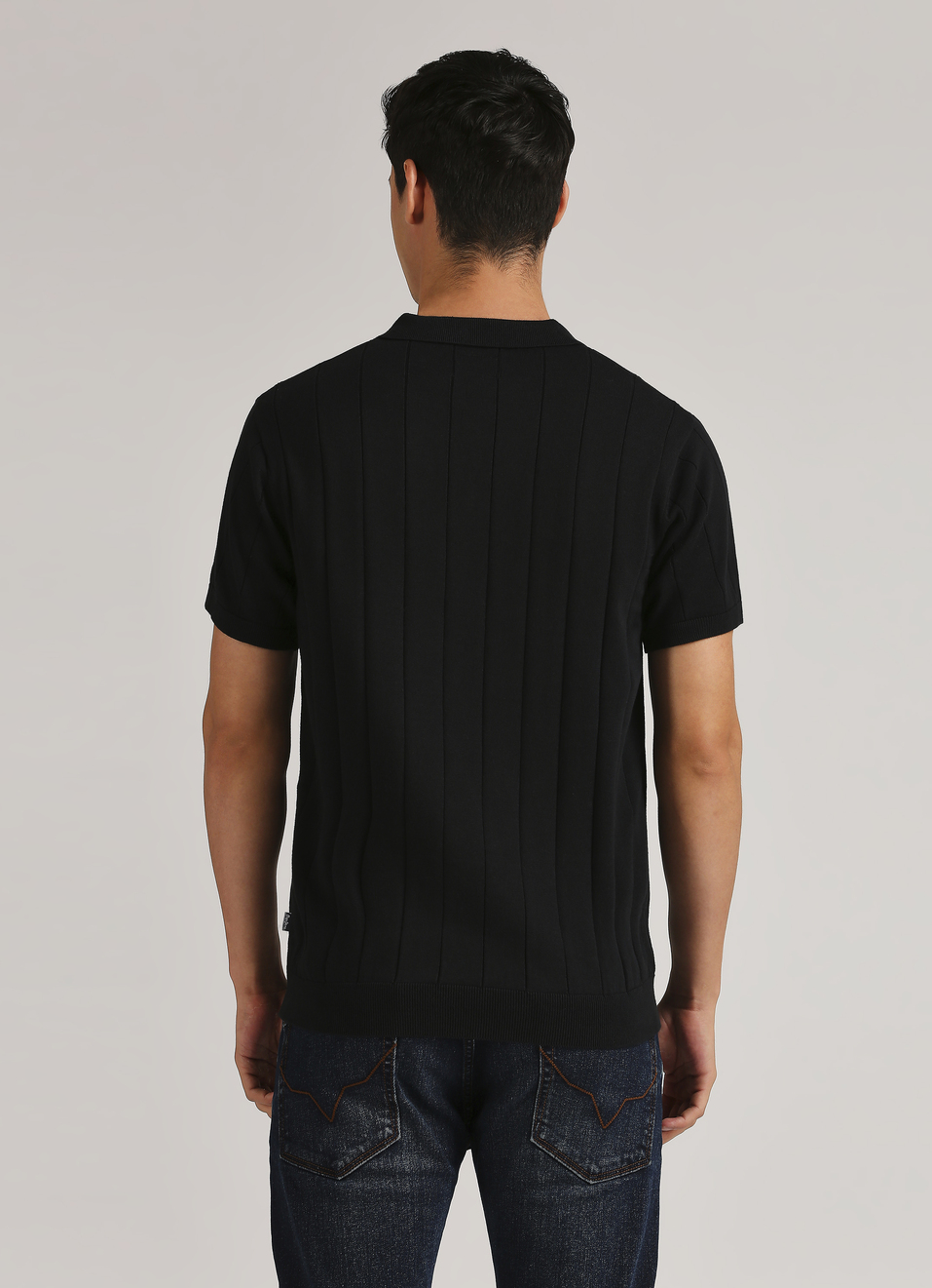 Black Self Structured Striper Flat Knit Polo, , large image number 2