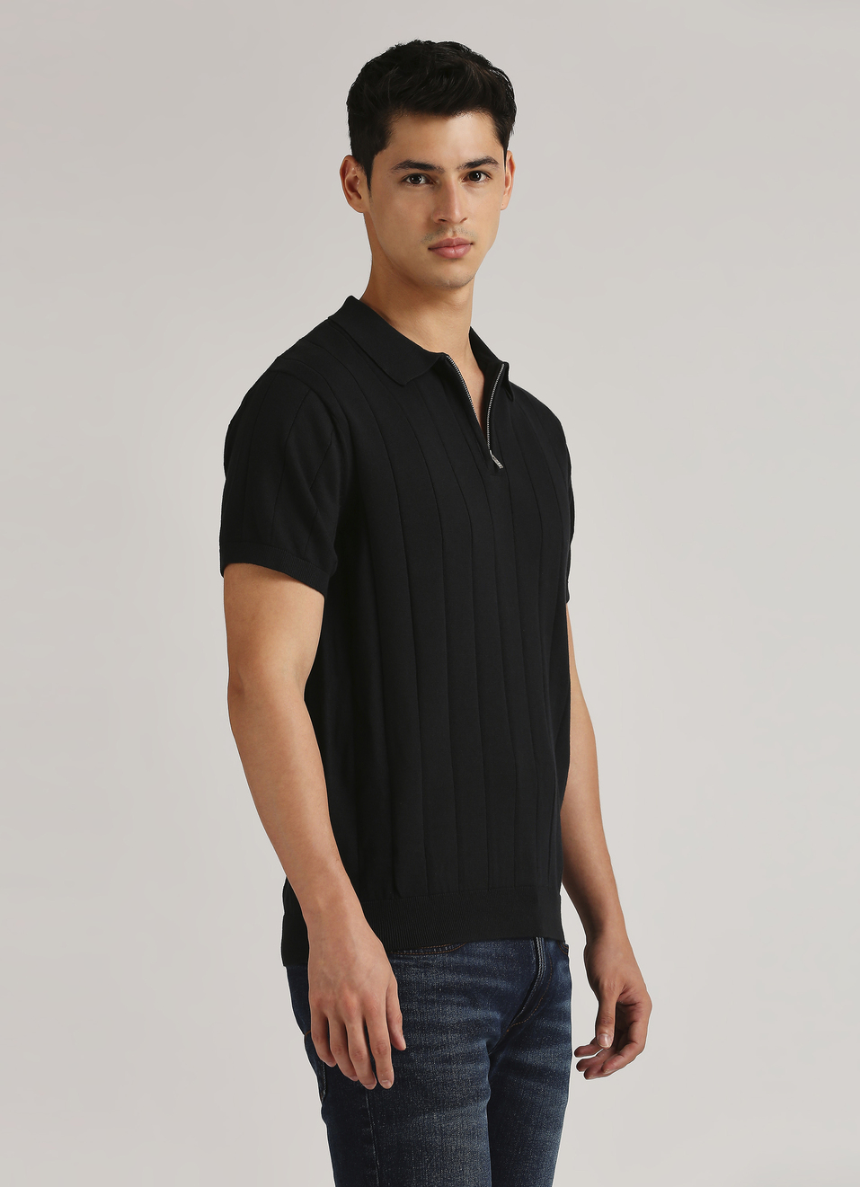 Black Self Structured Striper Flat Knit Polo, , large image number 3
