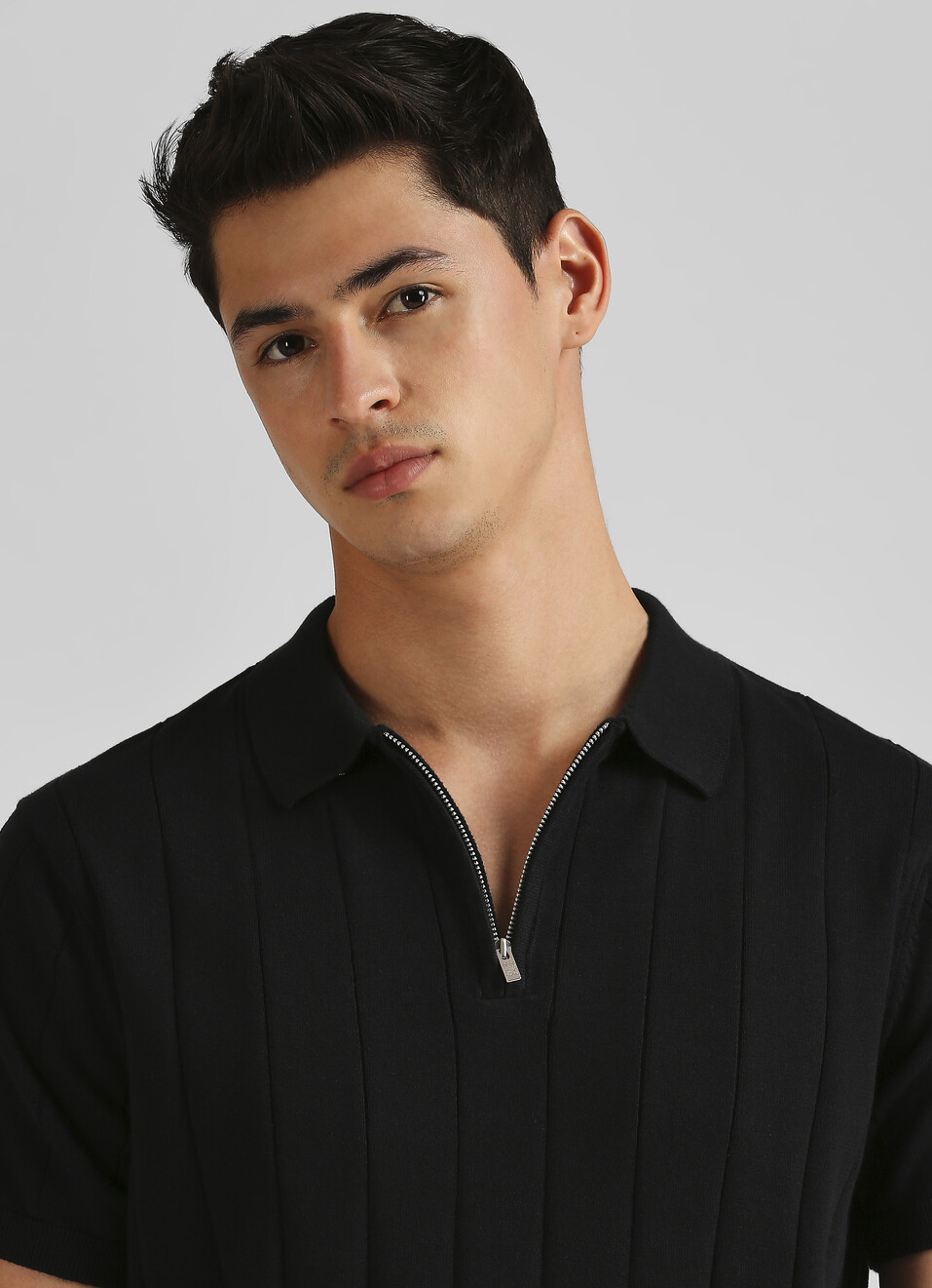 Black Self Structured Striper Flat Knit Polo, , large image number 4