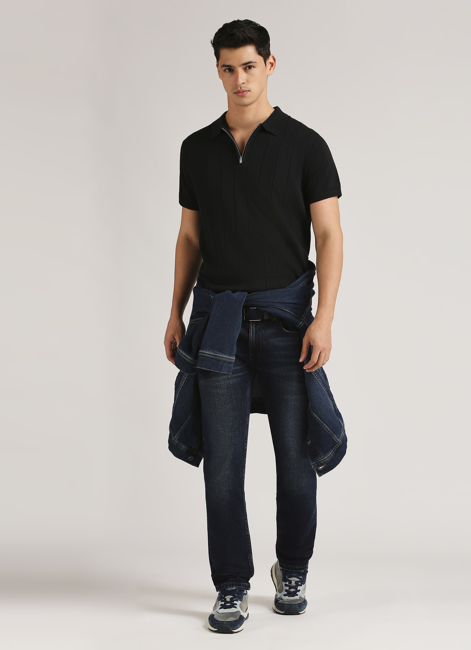 Black Self Structured Striper Flat Knit Polo, , large image number 5