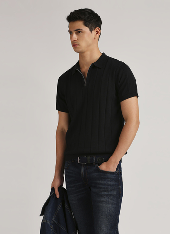 Black Self Structured Striper Flat Knit Polo
