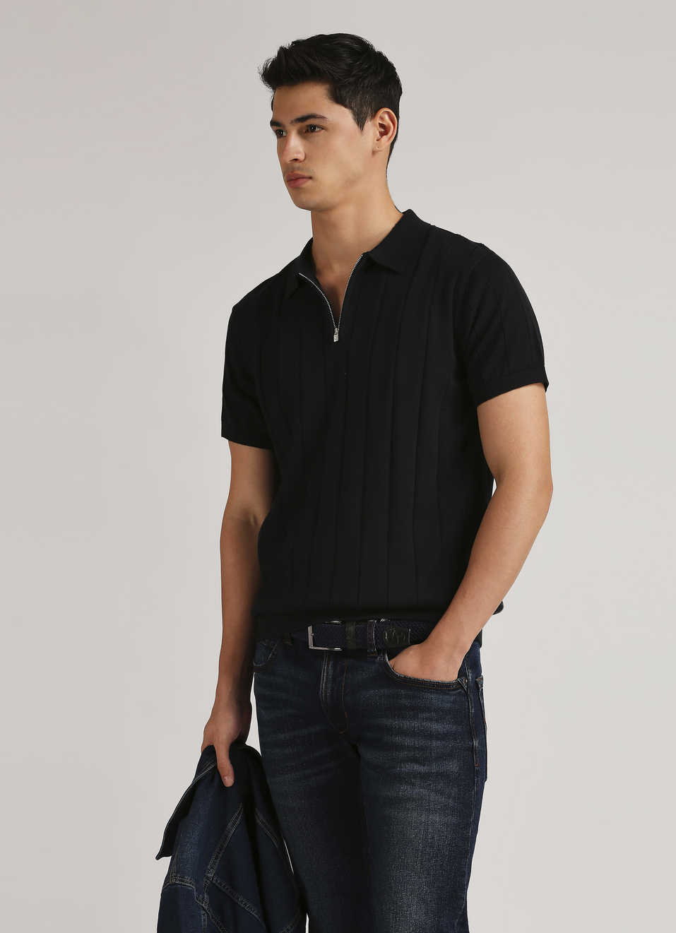 Black Self Structured Striper Flat Knit Polo, , large image number 0