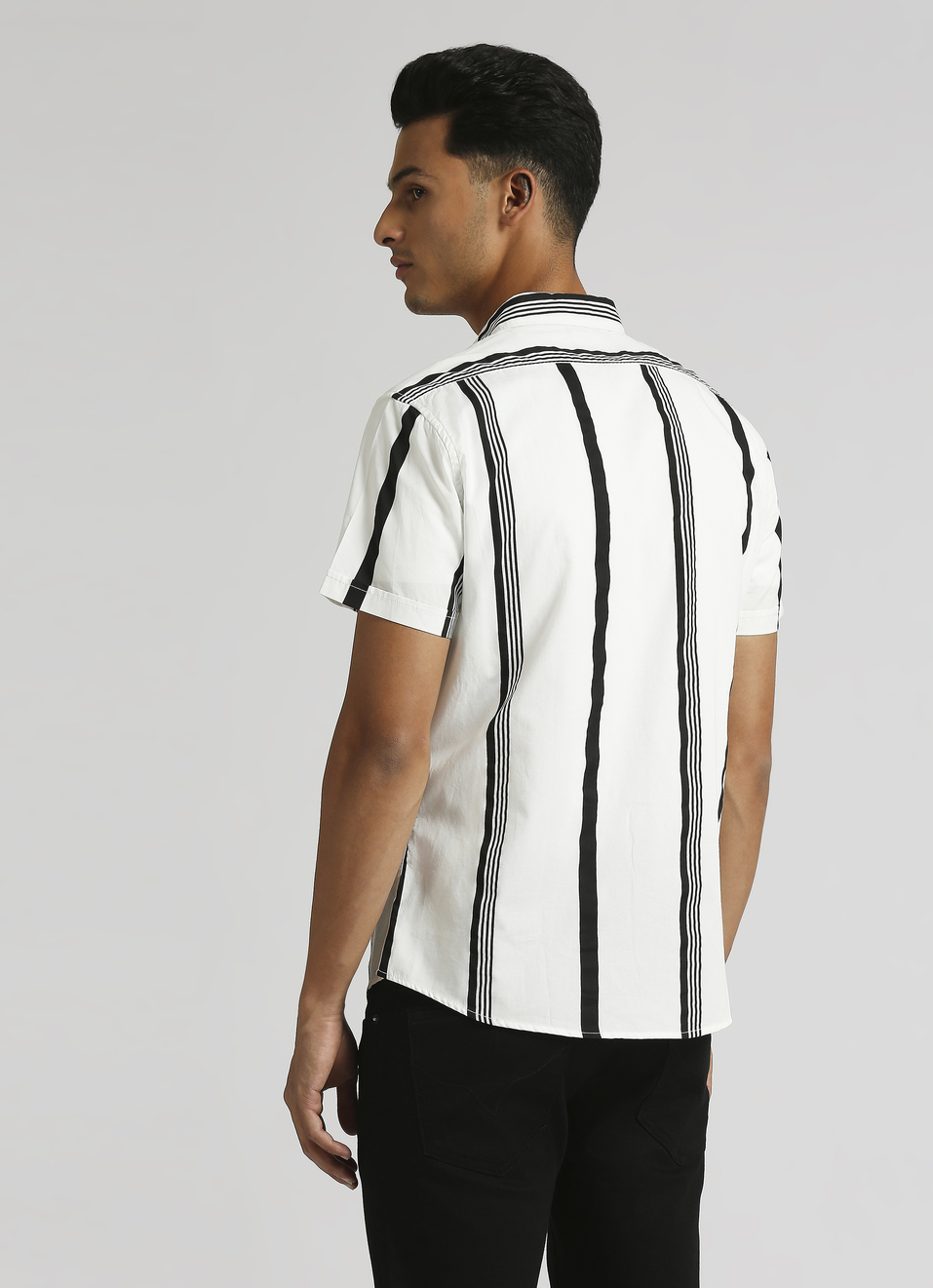 Navy Narrow Stripes Twill Short Sleeve Shirt, , large image number 2