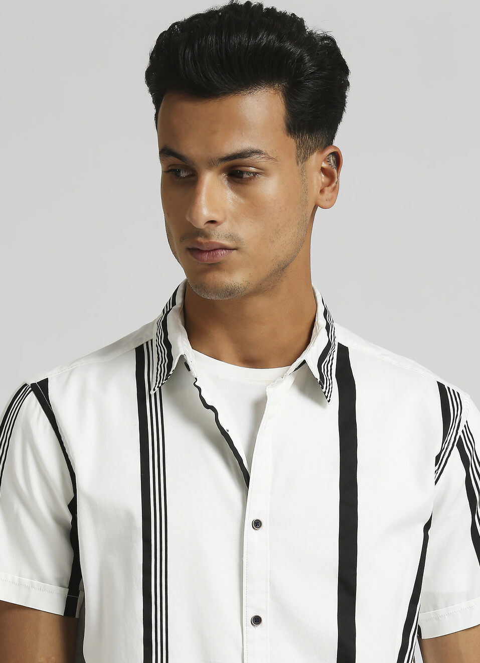 Navy Narrow Stripes Twill Short Sleeve Shirt, , large image number 4