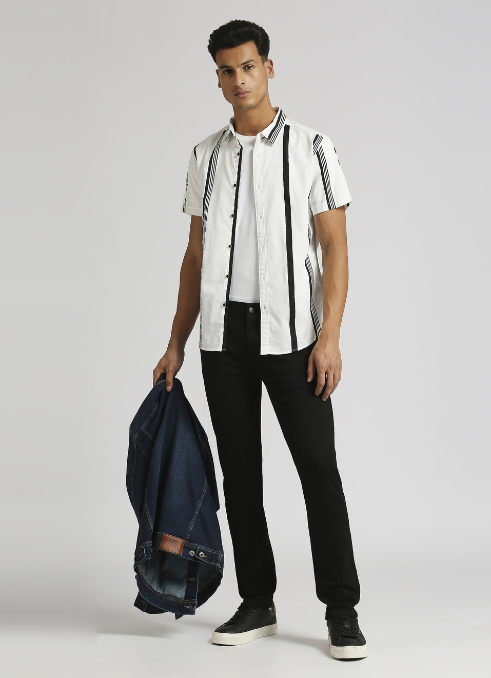 Navy Narrow Stripes Twill Short Sleeve Shirt, , large image number 5