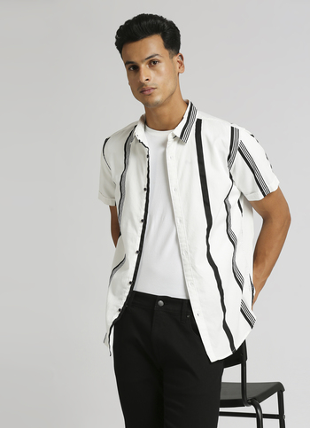 White Narrow Stripes Twill Short Sleeve Shirt