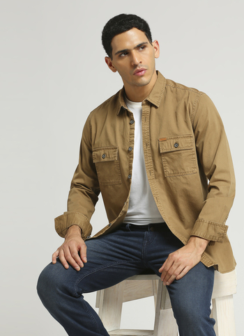 Khaki Over Dyed Double Pocket Long Sleeve Shirt