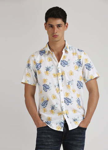 Off White Botanical Print Short Sleeve Shirt