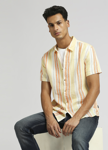 Yellow Stripes Pure Linen Summer Short Sleeve Shirt 