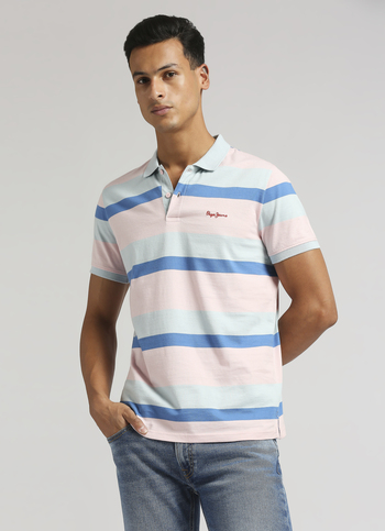 Pink Broad Stripes Ribbed Cuffs Short Sleeve Polo