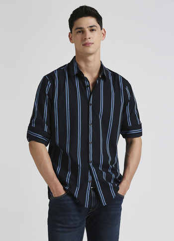Navy Twill Narrow Stripes Premium Long Sleeve Shirt