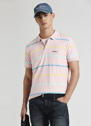 Pink Herringbone Summer Striper Polo