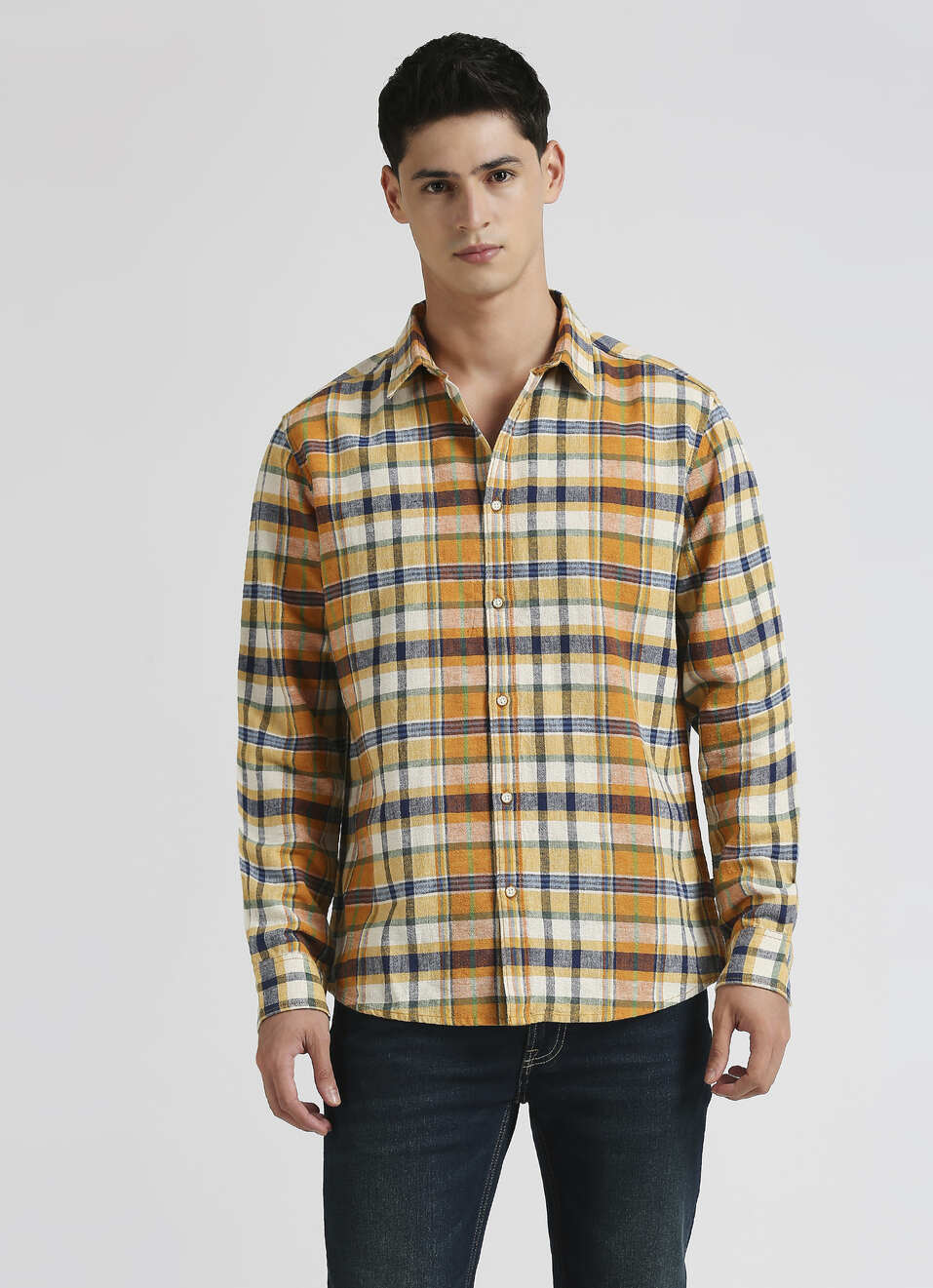 Orange Yarn Dyed Plaid Linen Long Sleeve Shirt, , large image number 1