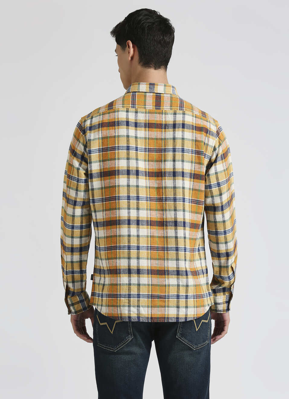 Orange Yarn Dyed Plaid Linen Long Sleeve Shirt, , large image number 2