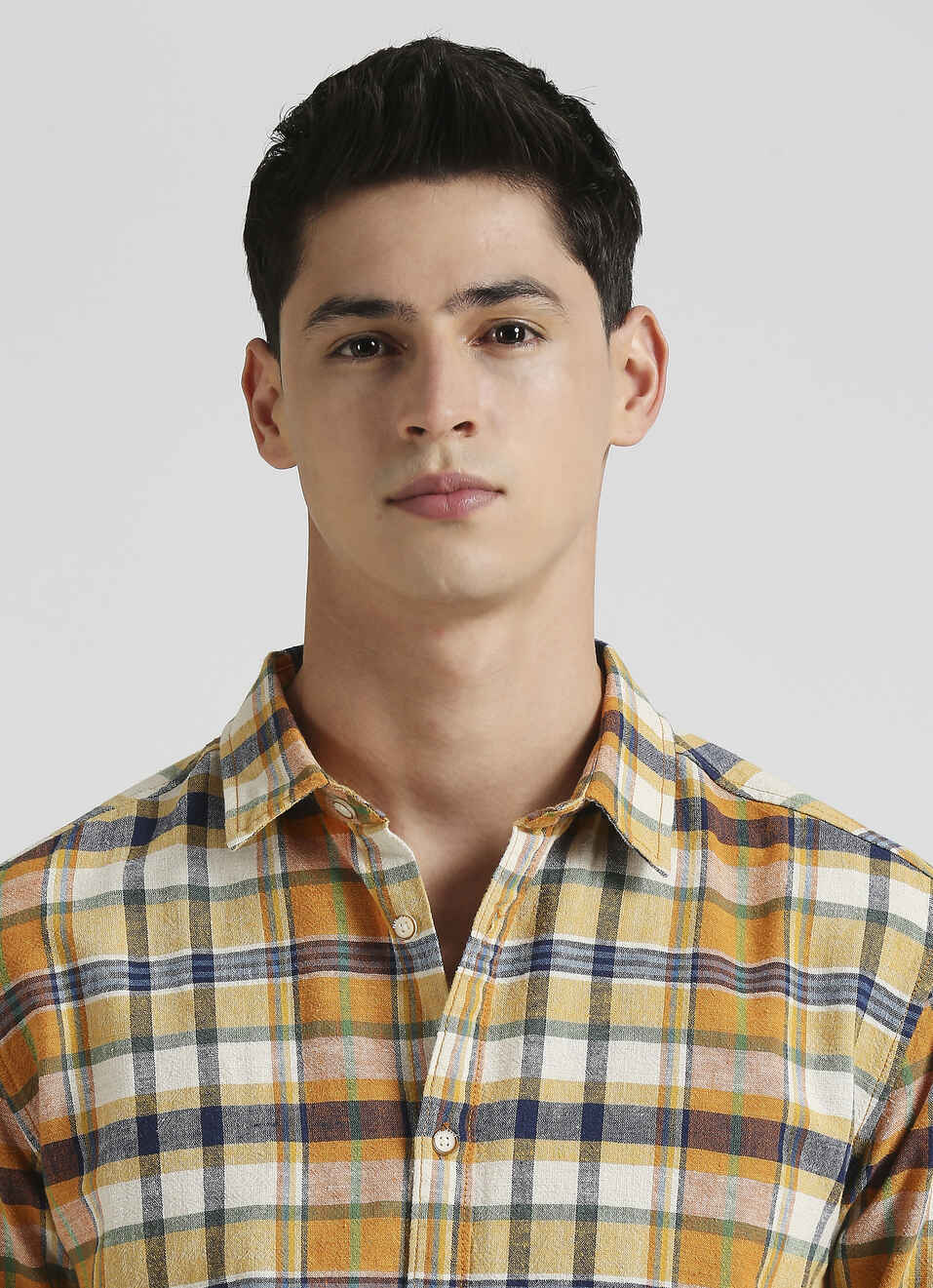 Orange Yarn Dyed Plaid Linen Long Sleeve Shirt, , large image number 4