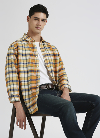 Orange Yarn Dyed Plaid Linen Long Sleeve Shirt