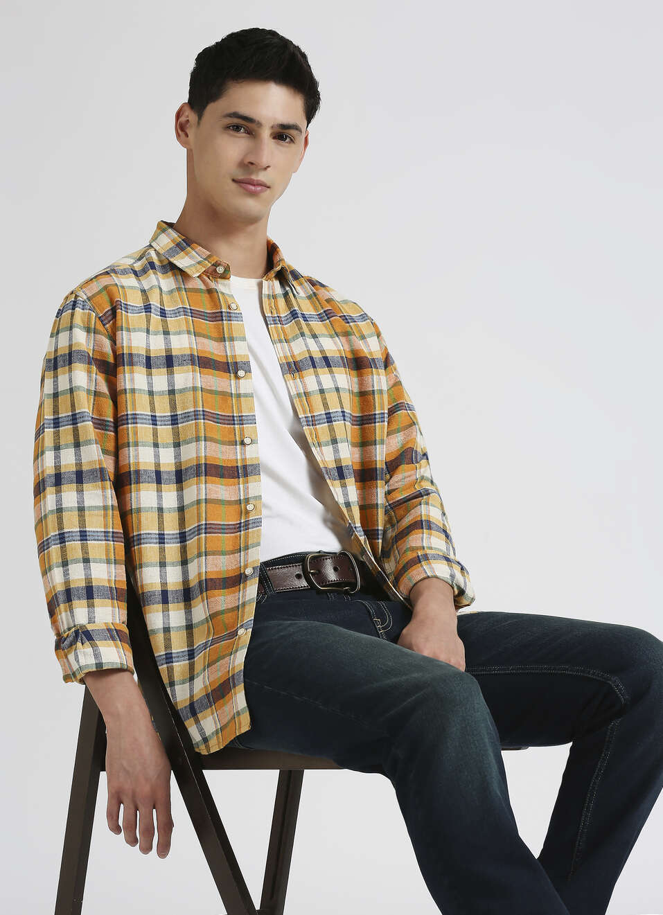 Orange Yarn Dyed Plaid Linen Long Sleeve Shirt, , large image number 0