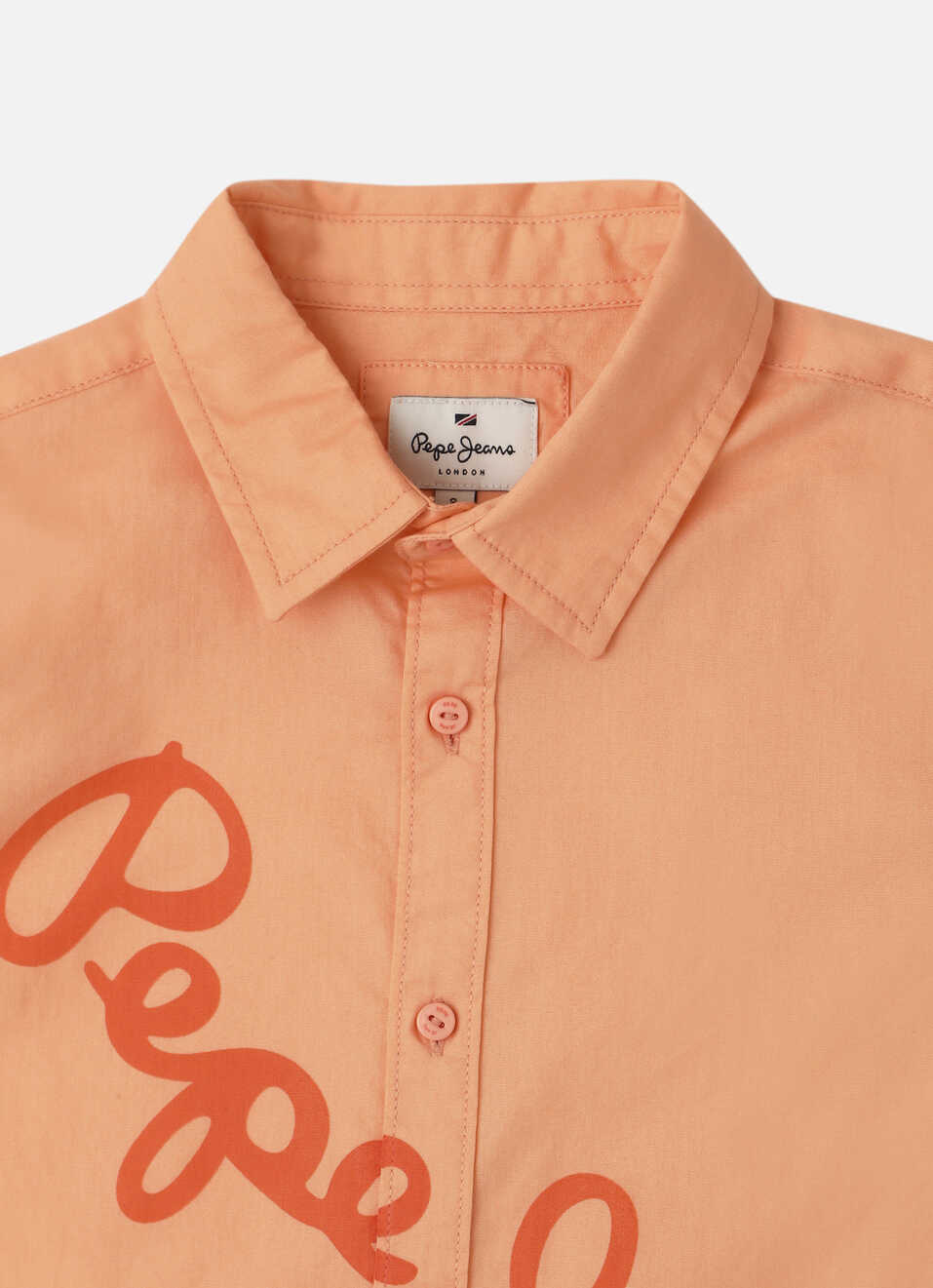 Boys Peach Solid Brand Print Poplin Long Sleeve Shirt, , large image number 2