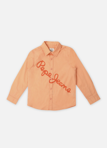 Boys Peach Solid Brand Print Poplin Long Sleeve Shirt
