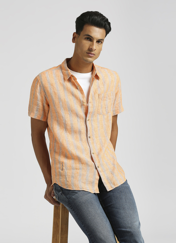Orange Stripes Single Pocket Pure Linen Short Sleeve Shirt