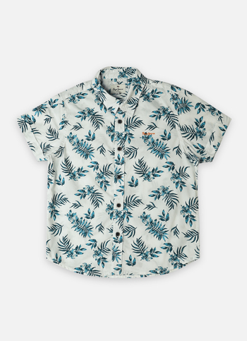 Boys White Tropical Print Resort Collar Short Sleeve Shirt