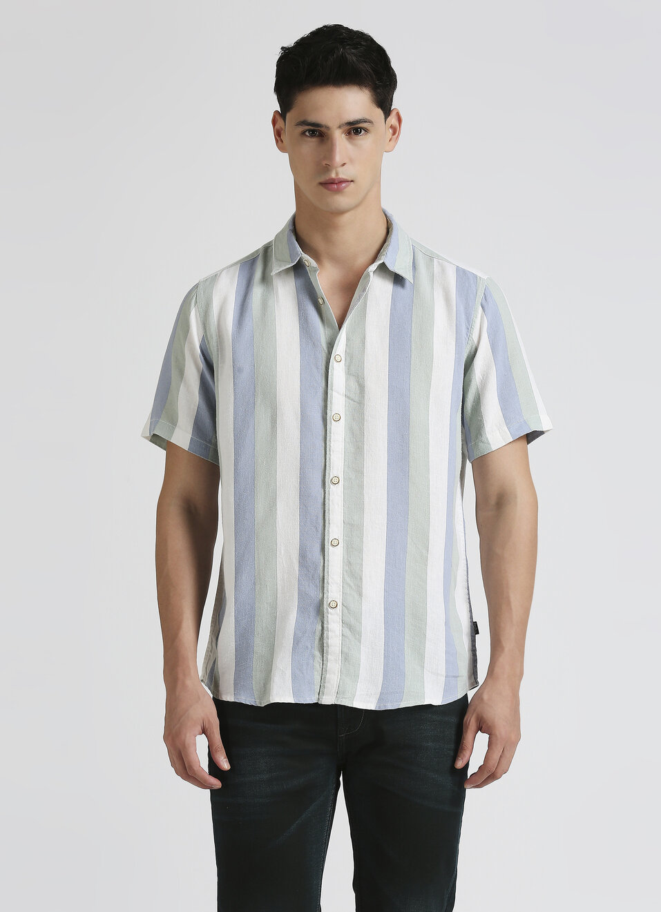 Blue Broad Stripes Resort Collar Linen Short Sleeve Shirt, , large image number 1