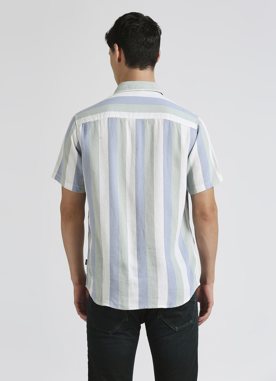 Blue Broad Stripes Resort Collar Linen Short Sleeve Shirt, , large image number 2