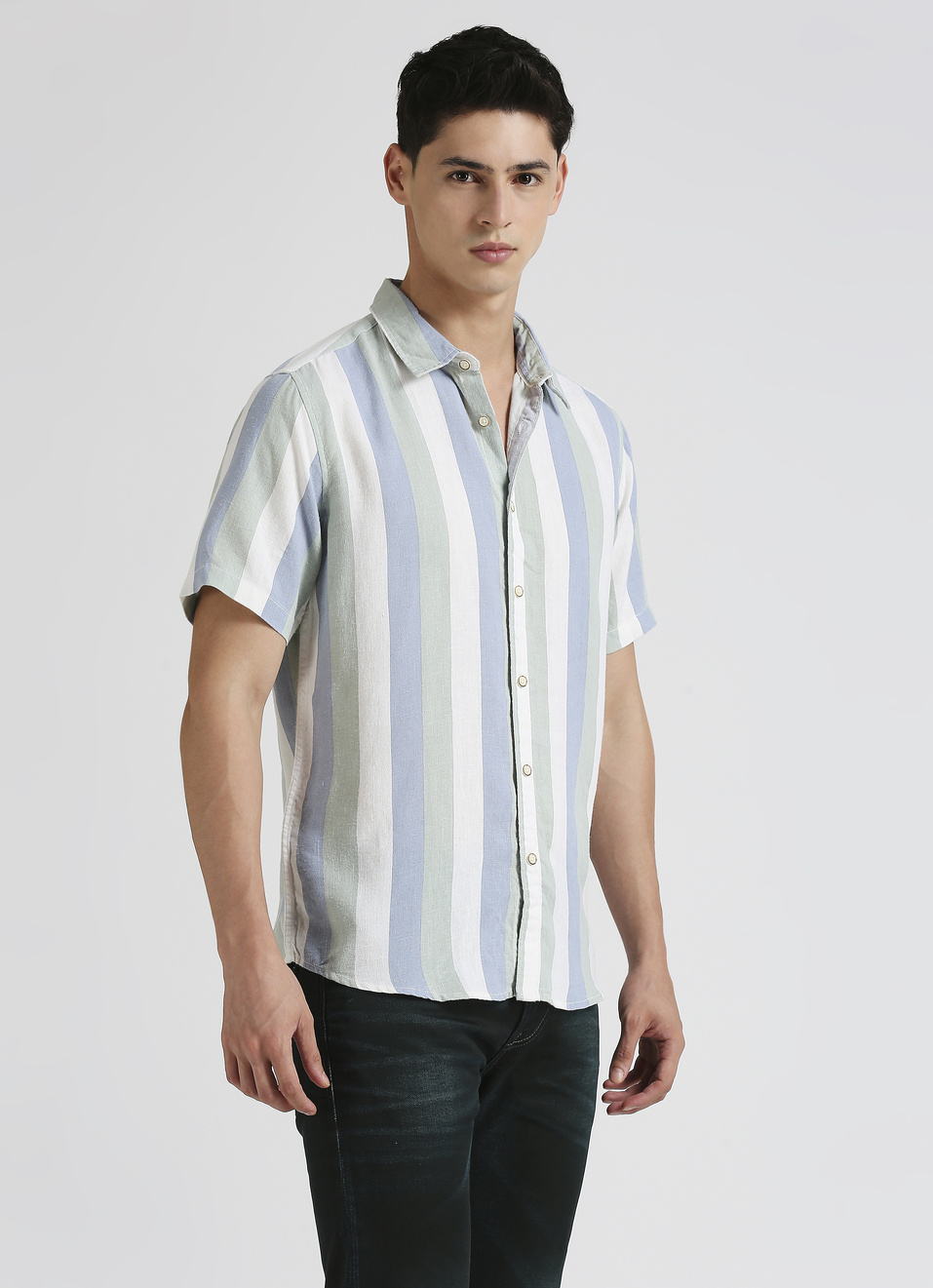 Blue Broad Stripes Resort Collar Linen Short Sleeve Shirt, , large image number 3