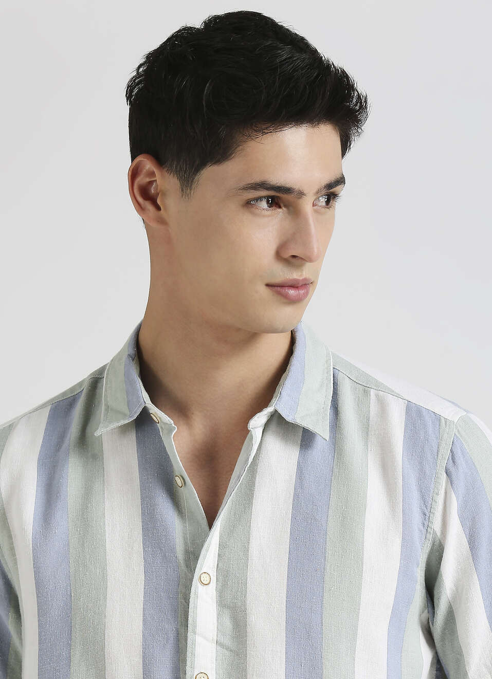 Blue Broad Stripes Resort Collar Linen Short Sleeve Shirt, , large image number 4