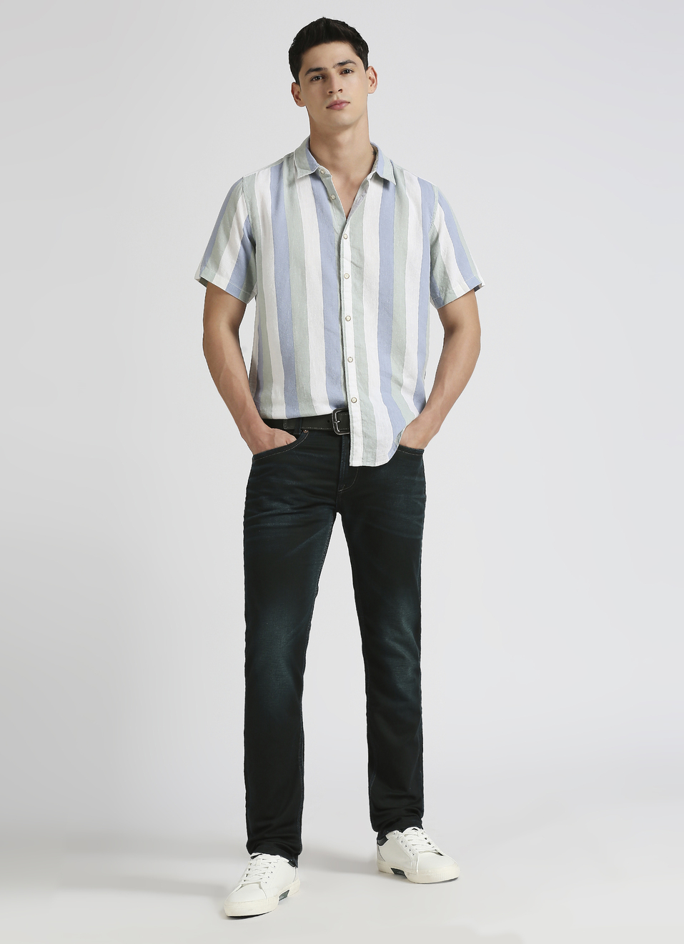 Blue Broad Stripes Resort Collar Linen Short Sleeve Shirt, , large image number 5