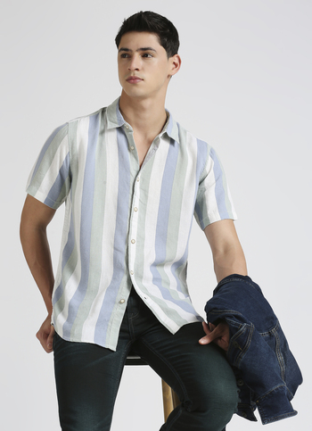Blue Broad Stripes Resort Collar Linen Short Sleeve Shirt