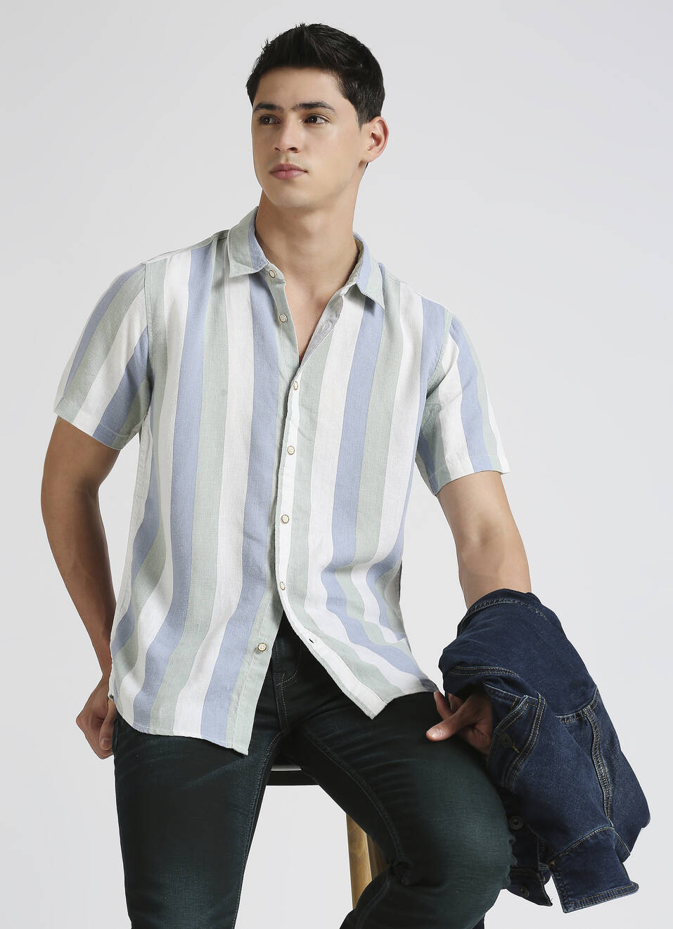 Blue Broad Stripes Resort Collar Linen Short Sleeve Shirt, , large image number 0