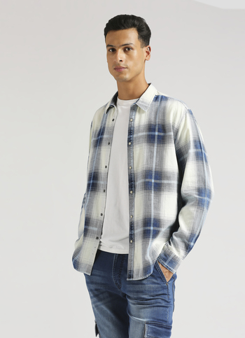 Yarn Dyed Indigo Checks Long Sleeve Shirt