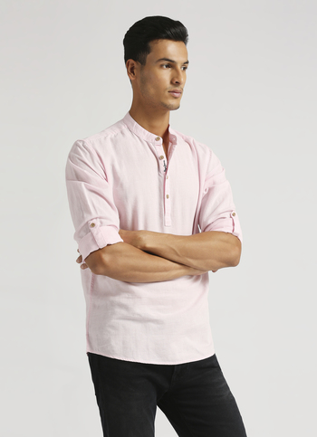 Pink Solid Mandarin Collar Long Sleeve Kurta Placket