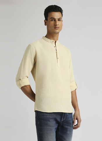 Beige Solid Mandarin Collar Long Sleeve Kurta Placket