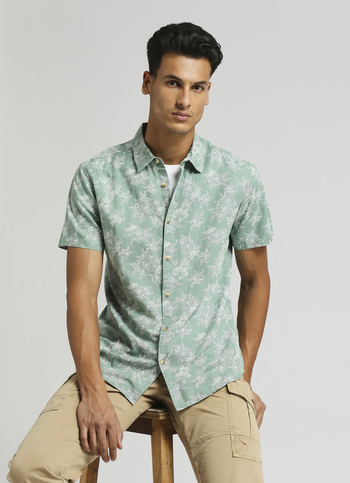 Olive Floral Print Pure Linen Short Sleeve Shirt