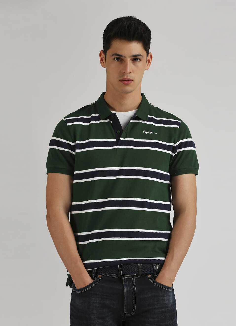 Green Classic Herringbone Striper Short Sleeve Polo, , large image number 0