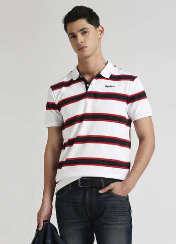 White Classic Herringbone Striper Short Sleeve Polo