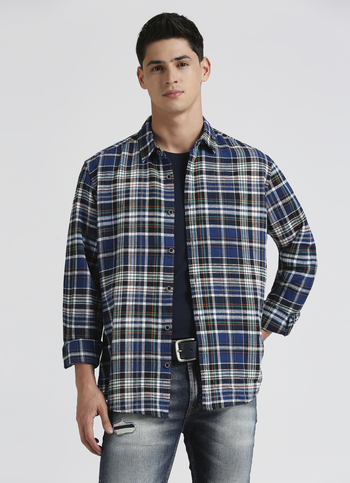 Blue Yarn Dyed Checks Linen Long Sleeve Shirt