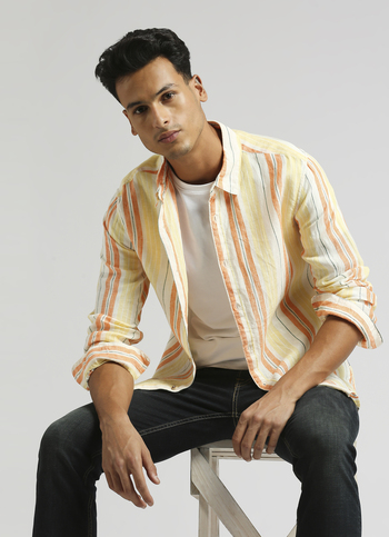 Yellow Stripes Pure Linen Summer Long Sleeve Shirt 