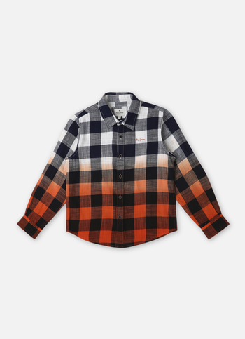 Boys Navy Dip Dyed Block Checks Long Sleeve Shirt