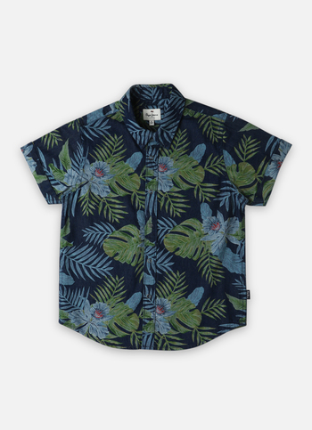 Boys Indigo Tropical Print Short Sleeve Shirt