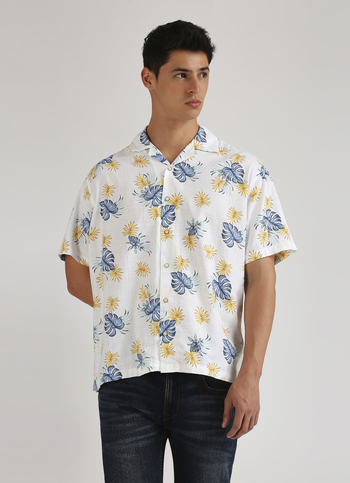 Off White Botanical Print Resort Collar Short Sleeve Shirt
