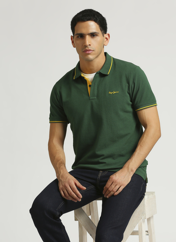 Green Ribbed Collar Short Sleeve Polo