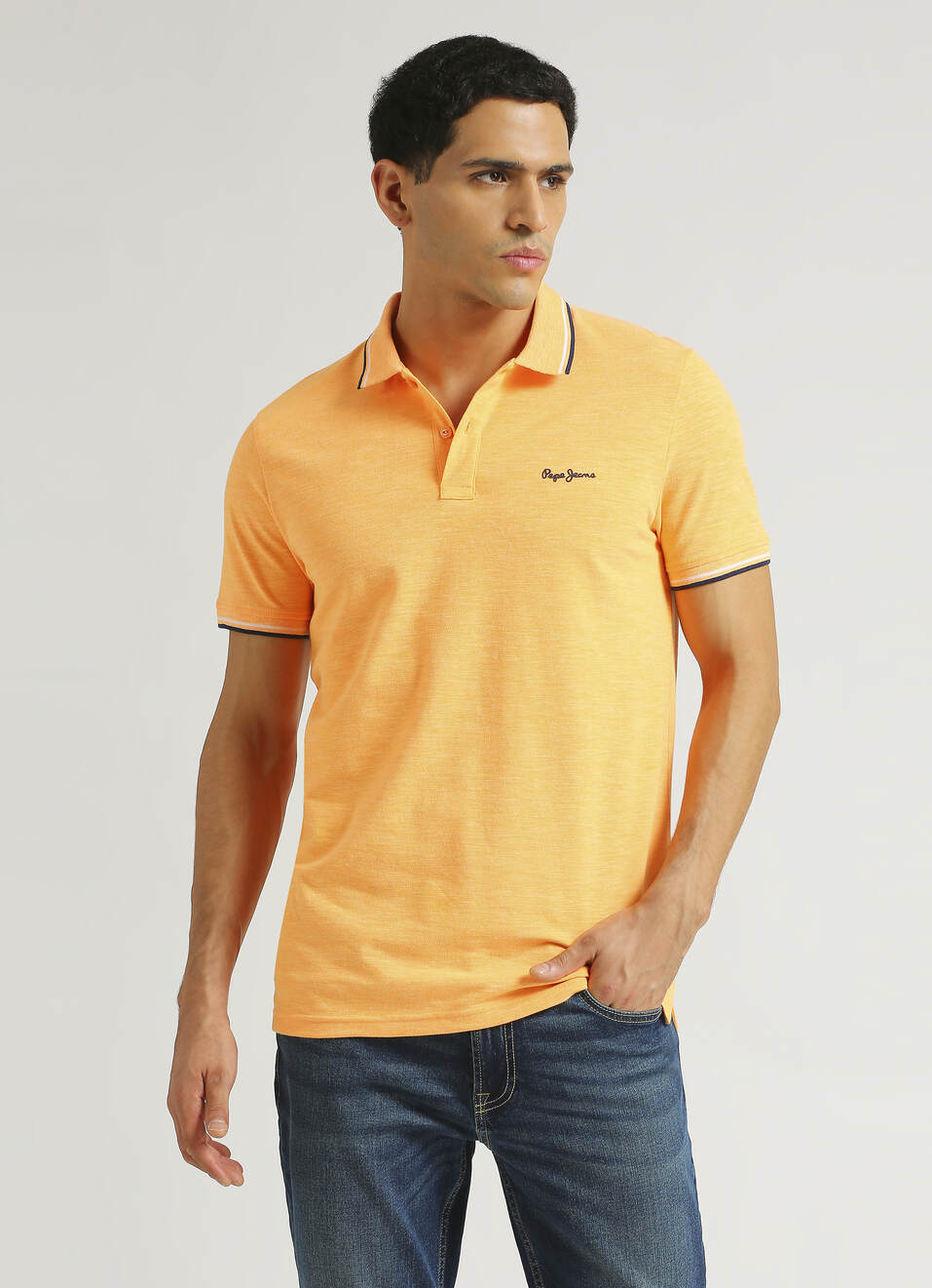 Coral Pink Solid Ribbed Collar Stretch Polo, , large image number 1