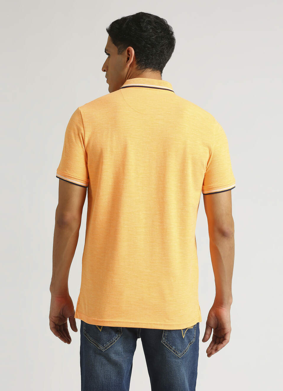 Coral Pink Solid Ribbed Collar Stretch Polo, , large image number 2