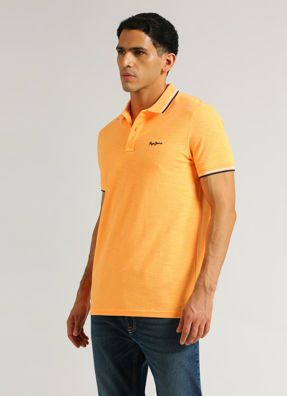Coral Pink Solid Ribbed Collar Stretch Polo, , large image number 3